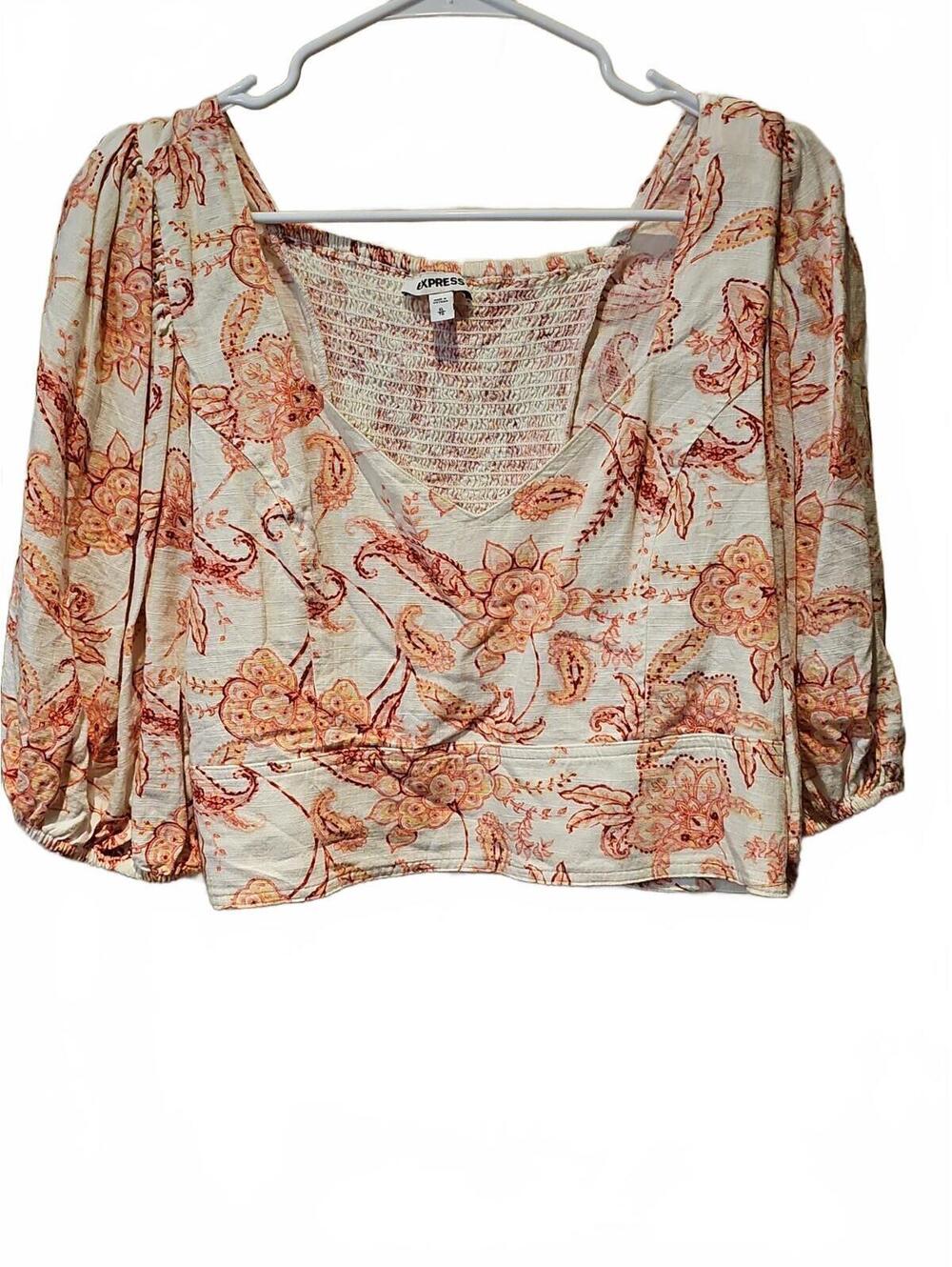 Express Women Top Cream With Flowers Crop Balloon Sleeve Elastic Hem Sz XL